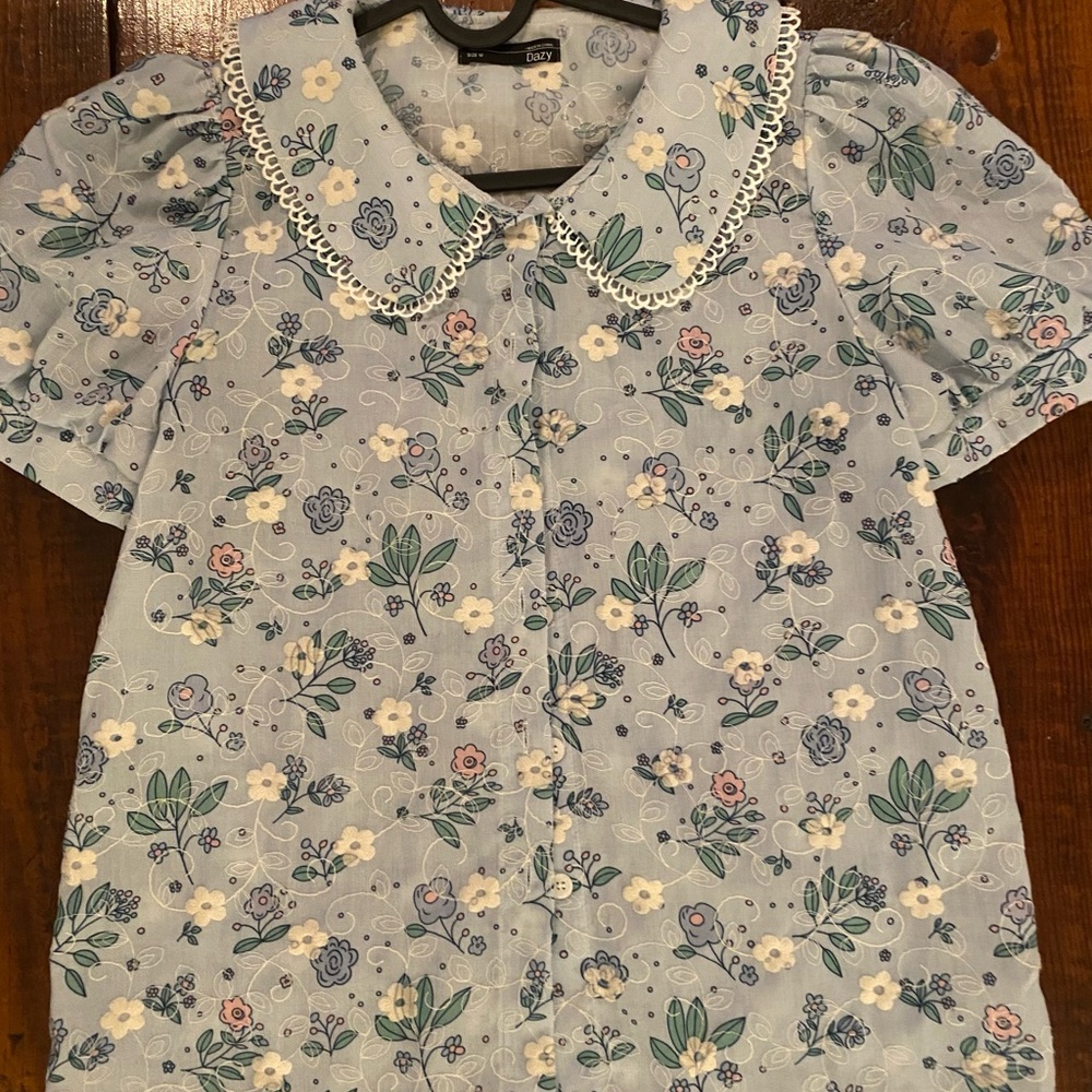 Blue Button Down Blouse with Peter Pan Collar